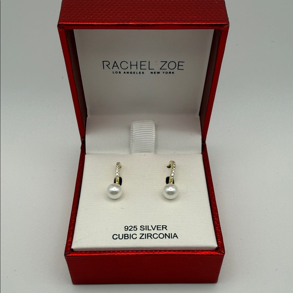 Rachel Zoe 925 Silver Cubic Zirconia & Faux Pearl Drop Earrings Gift Box